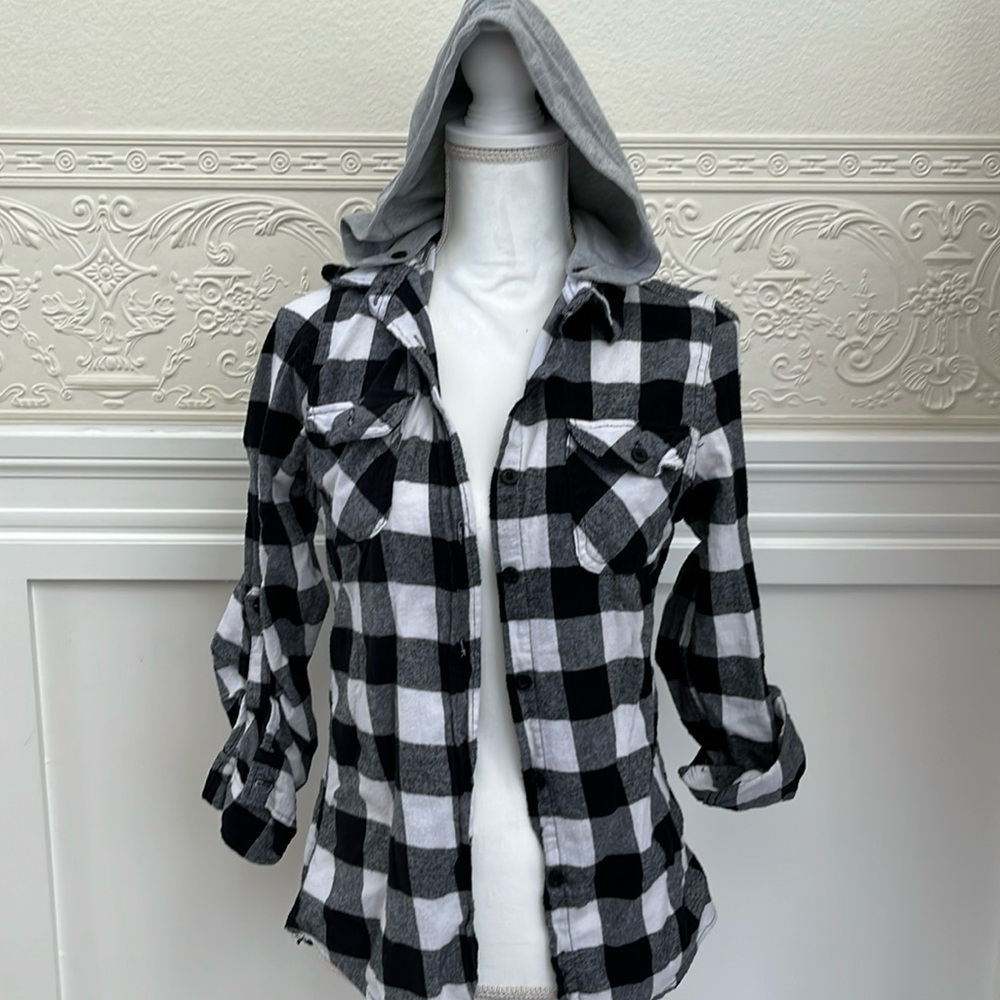 Black plaid flannel hoodie shirt with a removable hood women's size medium